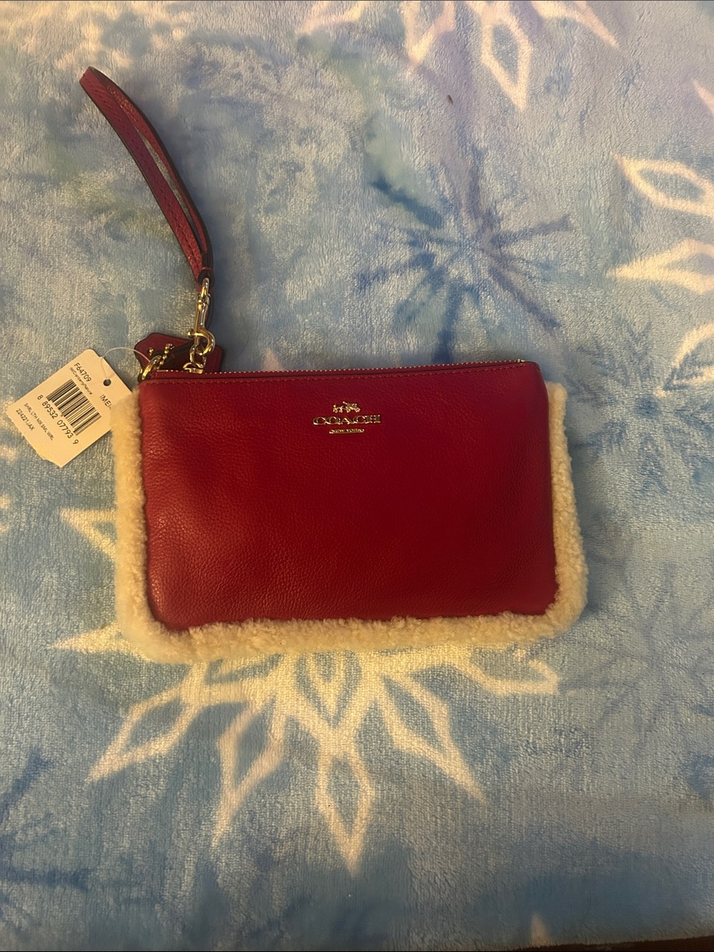 Coach Red Leather Wristlet with Cream Shearling Trim